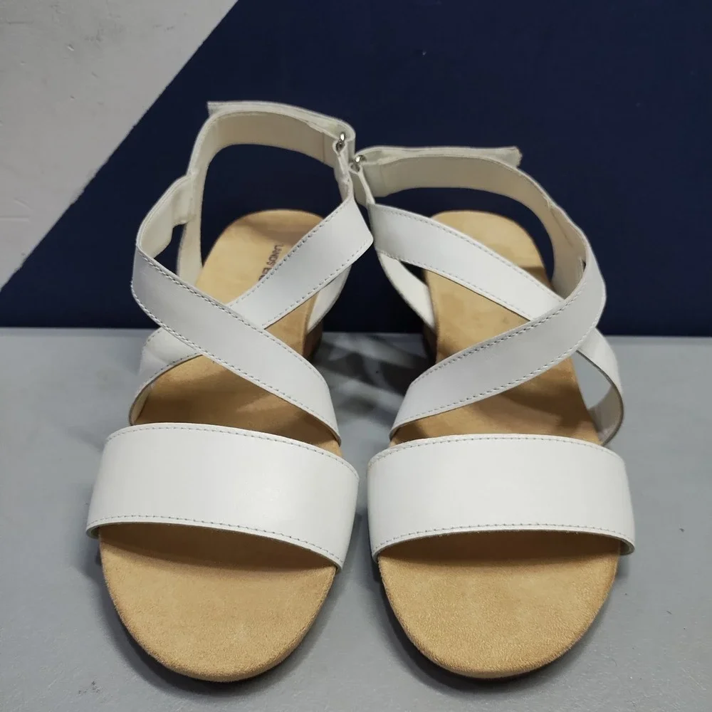 Lands' End Wedge Strappy Sandals Womens 9B White Cushioned Open Toe Hook & Loop